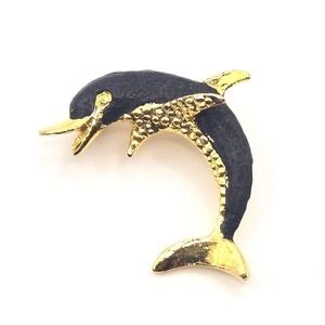 Vintage 1980s Gold Tone Metal and Matte Black Enamel Jumping Dolphin Brooch Pin